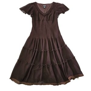 Believe Y2K Sz 8 Brown Tiered‎ Babydoll Cottagecore Peasant V-neck Midi Dress